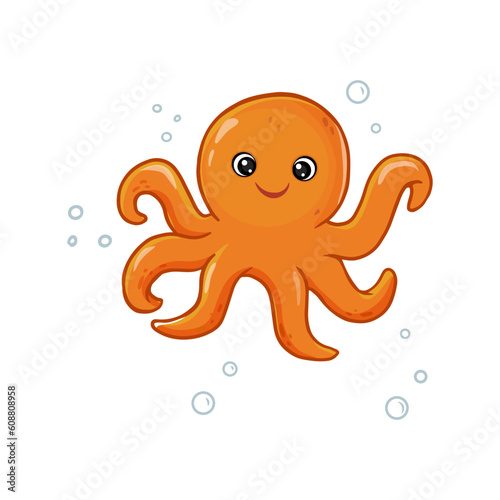 Cute cartoon orange octopus. Sea Animal Floating Underwater. Vector Illustration