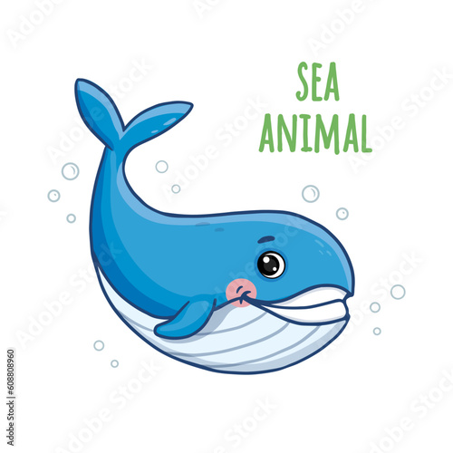 Cartoon Whale, Sea Animal Floating Underwater. Vector Illustration