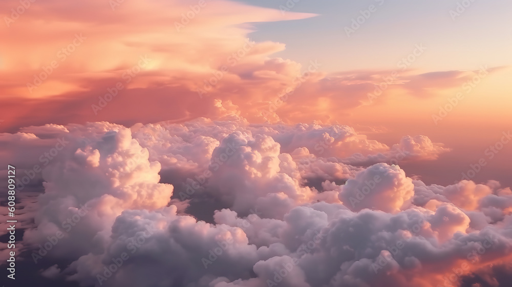 Fluffy white and pink clouds at twilight, generative ai 
