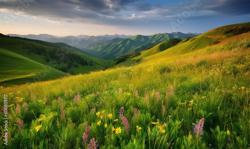  a field of wildflowers and other flowers in the mountains. generative ai