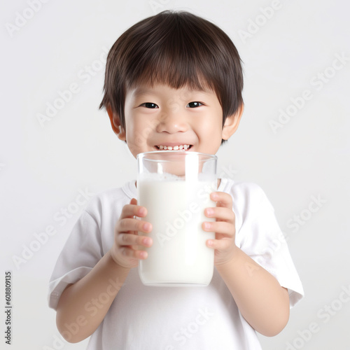 child drinking milk from a glass isolated on white background, milk advertisement. Generative AI