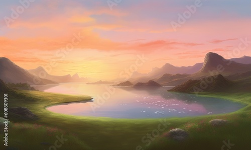  a painting of a sunset over a lake with mountains in the background. generative ai