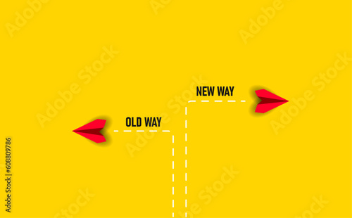 Red paper airplane flying old way new way. New Idea concept. business life change concept. Different thinking, Business leader, personality development idea concept.
