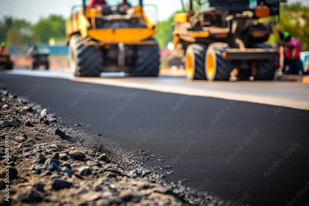 Construction of a new road, paving the road surface, generative ai Construction of a new road, paving the road surface, generative ai
