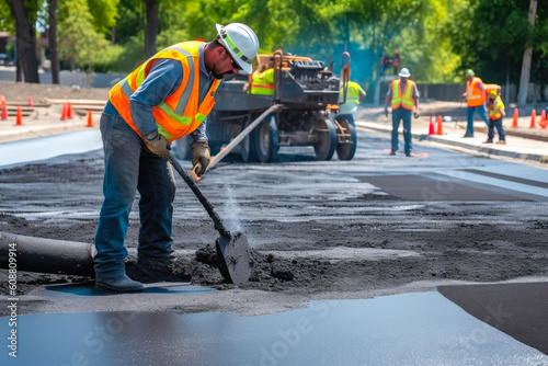 Male worker lays asphalt road repair road paving. A man in overalls is laying asphalt with a shovel, generative ai photo