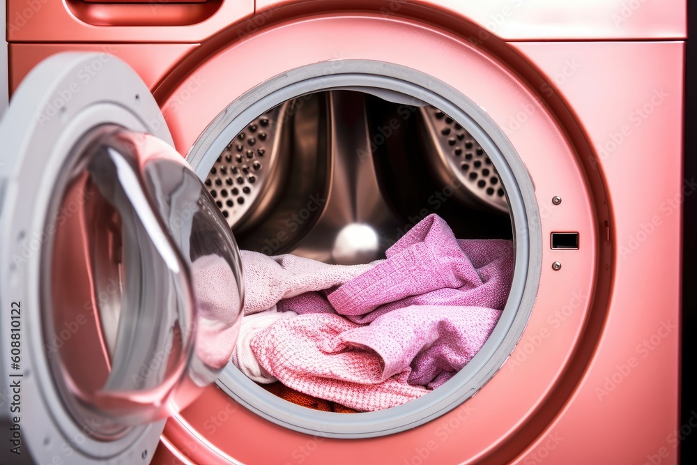 Washing machine with clothes inside, close-up. Housework concept. Created with Generative AI tools Washing machine with clothes inside, close-up. Housework concept. Created with Generative AI tools