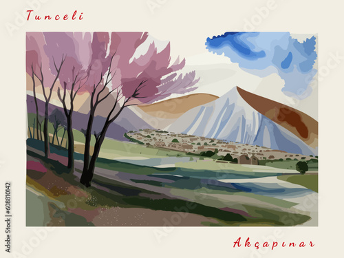 Akçapınar: Postcard design with a scene in Turkey and the city name Akçapınar photo