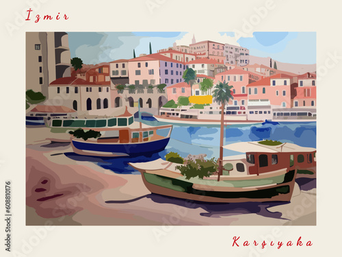 Karşıyaka: Modern illustration of a Turkish scene with the name Karşıyaka in İzmir