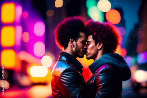 young african americans enjoying gays couple kissing and hug together on night city, bokeh neon lights background. guys with long curly hairs. men wear black leather jackets sweet kiss. Generative ai.