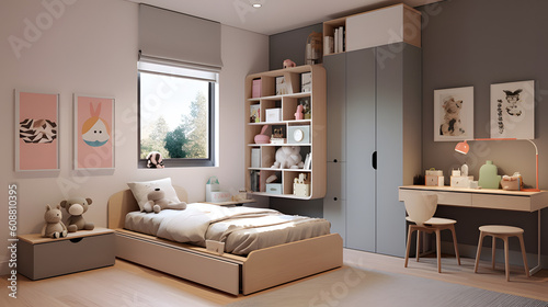 Modern and functional children s room design  featuring sleek furniture  smart storage solutions  and a minimalistic aesthetic  Generated AI