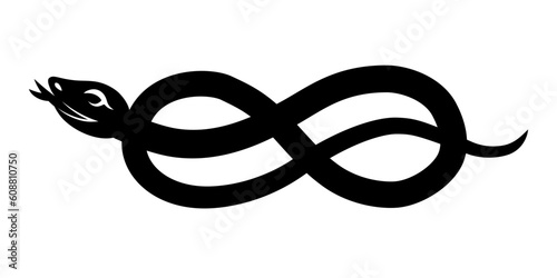 Simple illustration of snake with infinity sign body, ouroboros. Symbol, sign, black, icon, silhouette, tattoo.