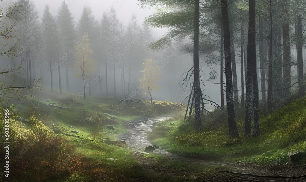 Obraz premium a painting of a forest with a stream running through it. generative ai
