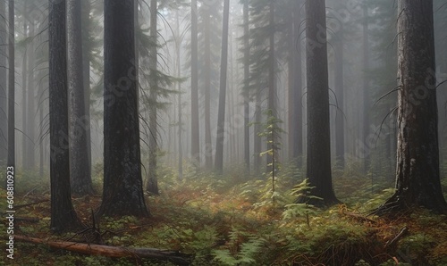  a forest filled with lots of tall trees covered in fog.  generative ai