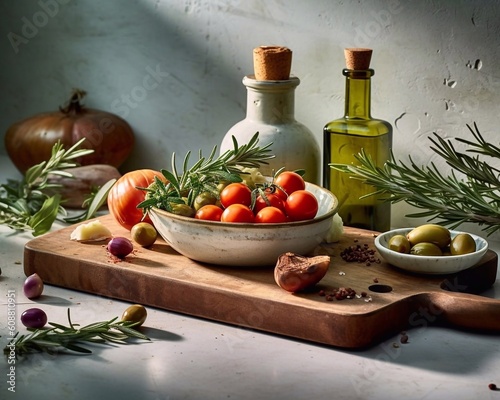 Olive oils, olives, herbs and spices on wooden board. AI generated