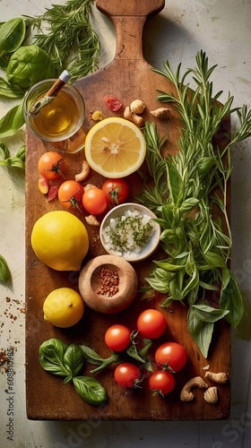 Olive oils, lemons, herbs and spices on wooden cutting board. Top view. AI generated