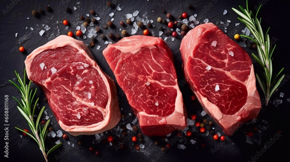 Raw steaks with seasonings on stone background, top view. AI generated