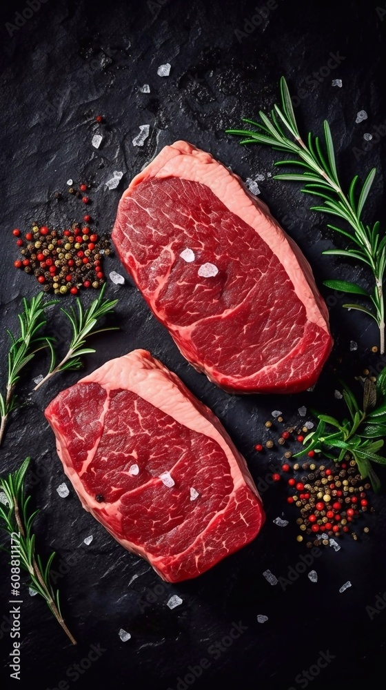 Raw steaks with seasonings on stone background, top view. AI generated