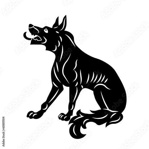 Sitting heraldic black wolf dog with lying tail and protruding tongue. Symbol, sign, icon, silhouette, tattoo. Isolated vector illustration.