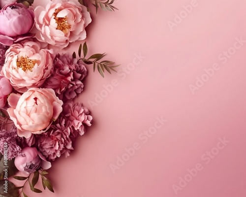 Bouquet of piony flowers on pink background. Valentine's Day, Easter, Birthday, Happy Women's Day, Mother's Day. Top view, copy space © tanchy25