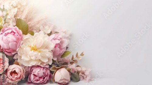  Bouquet of piony flowers on цршеу background. Valentine's Day, Easter, Birthday, Happy Women's Day, Mother's Day. Top view, copy space. AI generated