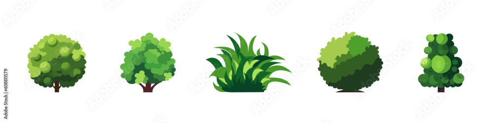 Obraz premium Green bushes. Different bushes set. Natural concept. Planting and environmental theme. Lush greenery. Landscape design. Vector set