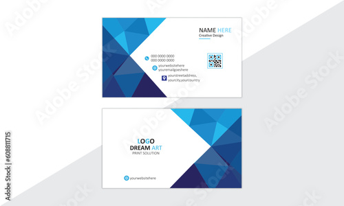 A modern Business card design. With 3 different mixture of blue color in triangle shape. Having the place of giving logo and QR code. 