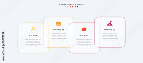 Timeline infographic with infochart. Modern presentation template with 4 spets for business process. Website template on white background for concept modern design. Horizontal layout.