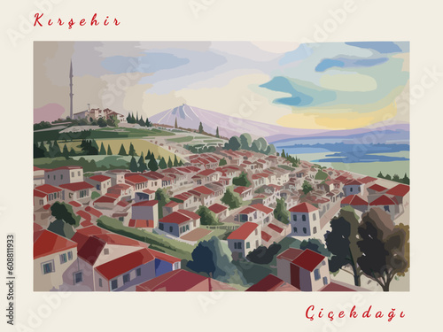 Çiçekdağı: Modern illustration of a Turkish scene with the name Çiçekdağı in Kırşehir