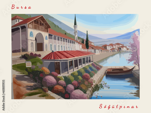 Söğütpınar: Modern illustration of a Turkish scene with the name Söğütpınar in Bursa