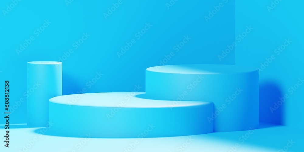 Blue product background stand or podium pedestal on advertising display with blank backdrops. 3D rendering. Blue product background stand or podium pedestal on advertising display with blank backdrops. 3D rendering.