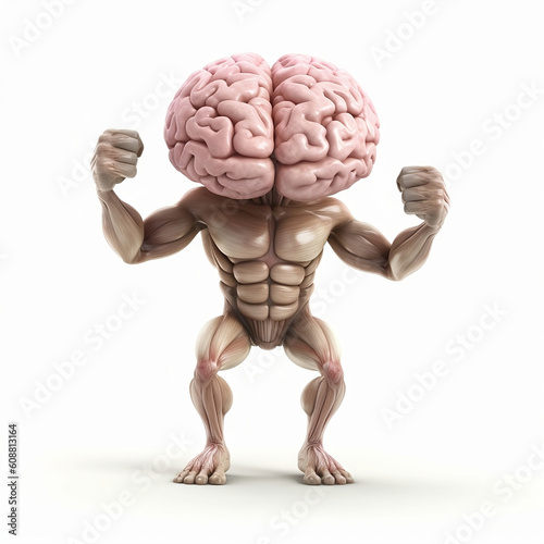 Muscular body with big brain. Combination of physical and intellectual strength. Bodybuilding and intelligence. Strong mucles and cerebellum. Created by generative AI. photo