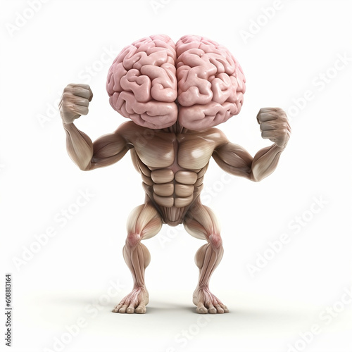 Muscular body with big brain. Combination of physical and intellectual strength. Bodybuilding and intelligence. Strong mucles and cerebellum. Created by generative AI.