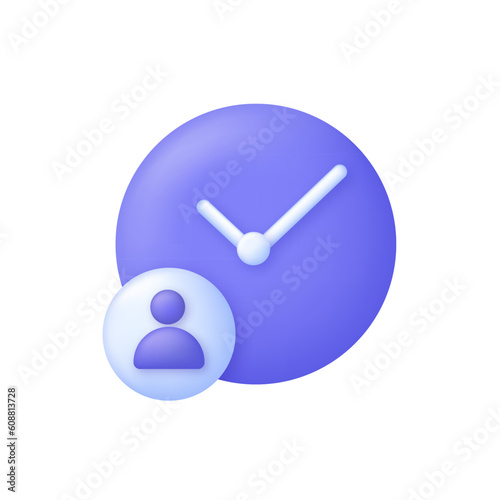 3D Waiting time icon isolated on white background. Human with clock symbol. Timing, day planning, self organization.