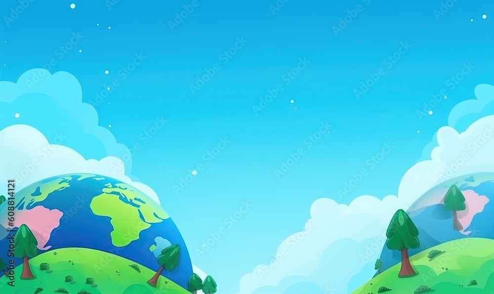  a cartoon scene of a planet with trees and clouds in the background.  generative ai