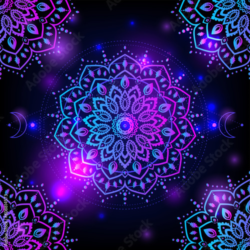 Mandala space. Psychedelic pattern. Vector illustration. Zen Boho art. Decorative mystical, hippie, hallucination psilocybin 60s 70s