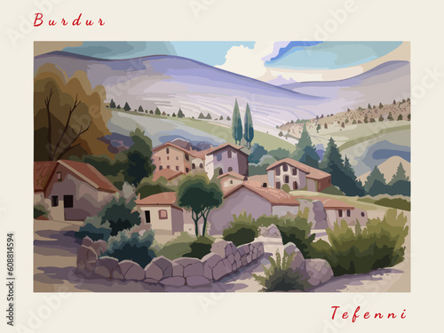 Tefenni: Postcard design with a scene in Turkey and the city name Tefenni photo