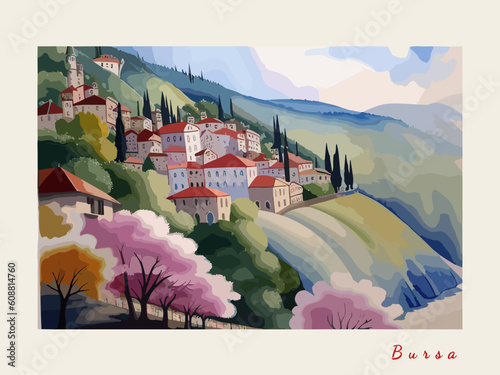 Bursa: Modern illustration of a Turkish scene with the name Bursa in Bursa