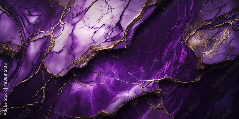 Purple marble stone with gold vein. Vivid graphite texture geode wallpaper background.