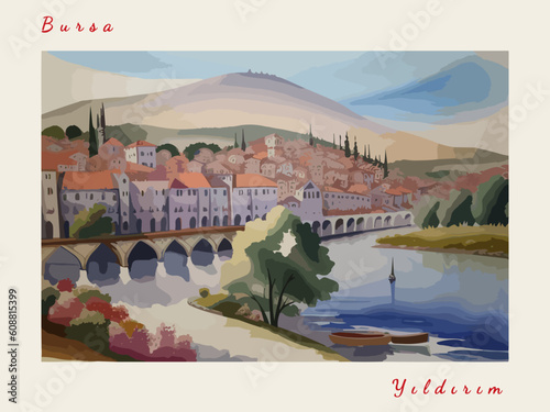 Yıldırım: Modern illustration of a Turkish scene with the name Yıldırım in Bursa