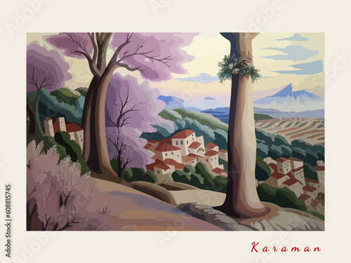 Karaman: Modern illustration of a Turkish scene with the name Karaman in Karaman