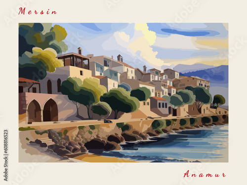 Anamur: Postcard design with a scene in Turkey and the city name Anamur photo