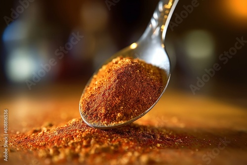 spoonful of Cajun seasoning on a rustic kitchen background, showcasing its rich, spicy blend