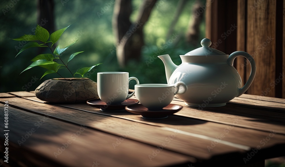  a tea pot and two cups on a wooden table outside.  generative ai