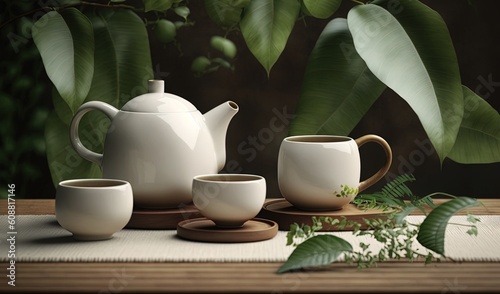 a white tea set on a table with a green plant in the background. generative ai