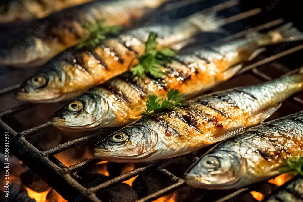 BBQ grill with flaming fire. Grilling hot fish with herbs grilling on a  griddle. Grilling fresh fish with herbs. Stock Illustration | Adobe Stock