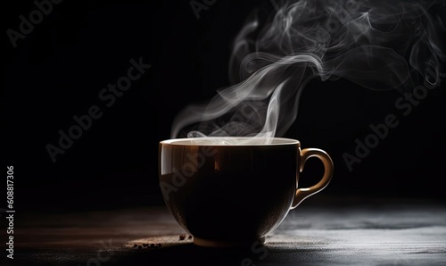  a steaming cup of coffee on a dark background with smoke. generative ai