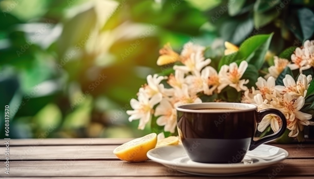 Enjoy a calming hot cup of coffee with flowers. (Generative AI)