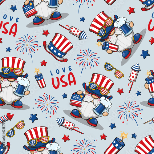 Seamless Pattern 4th of July America Independence With Gnome Celebrating, Cute Cartoon Illustration