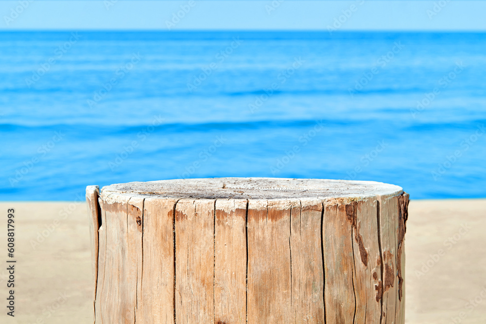 cracked weather beaten cut of a tree trunk, a stump on the sandy shore of the blue ocean cracked weather beaten cut of a tree trunk, a stump on the sandy shore of the blue ocean