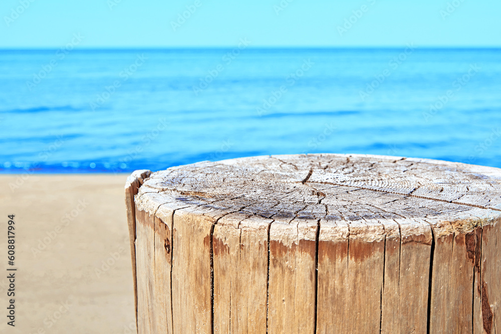 cracked weather beaten saw cut of a tree trunk, stump on a yellow sandy beach on the blue sea cracked weather beaten saw cut of a tree trunk, stump on a yellow sandy beach on the blue sea